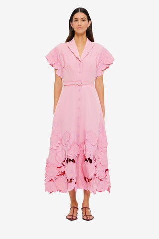 Exclusive Leo Lin Aubrey Appliqué Shirt Midi Dress in Flamingo