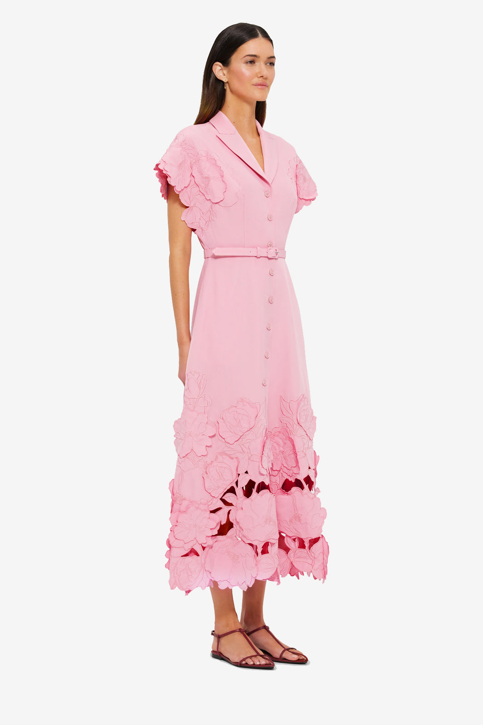 Exclusive Leo Lin Aubrey Appliqué Shirt Midi Dress in Flamingo