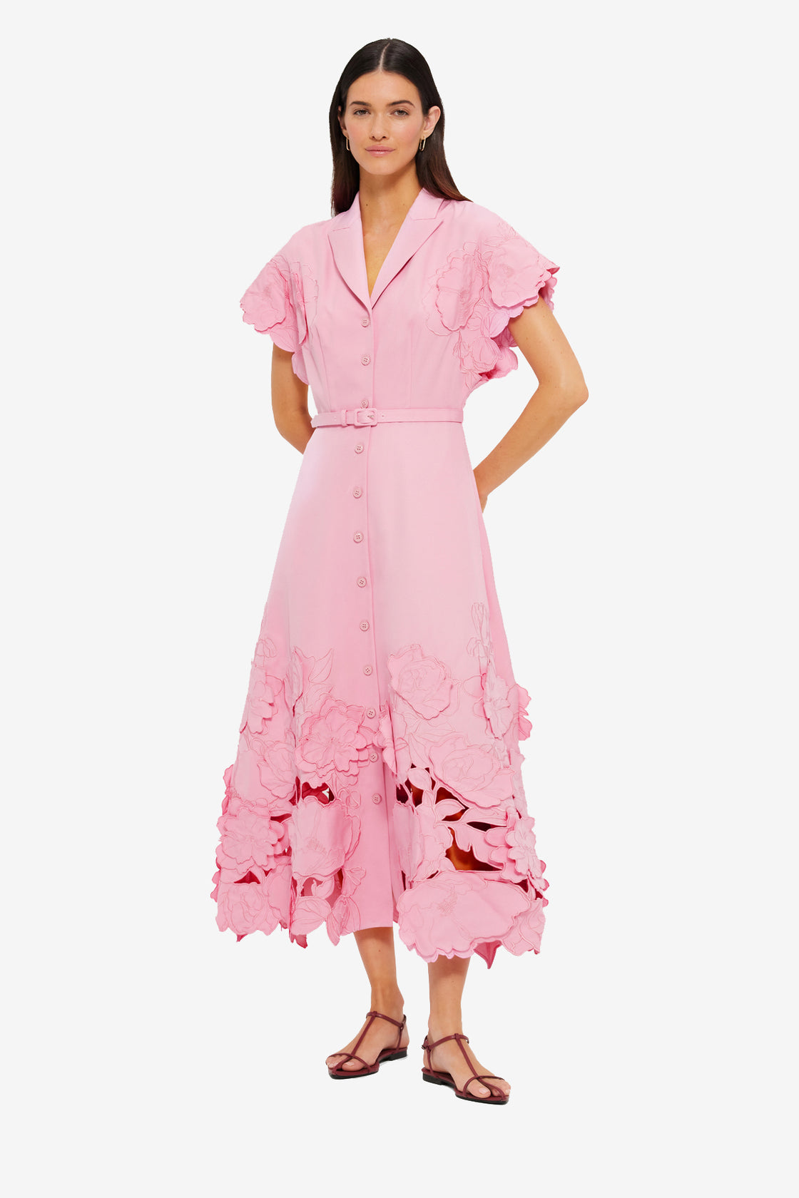 Exclusive Leo Lin Aubrey Appliqué Shirt Midi Dress in Flamingo