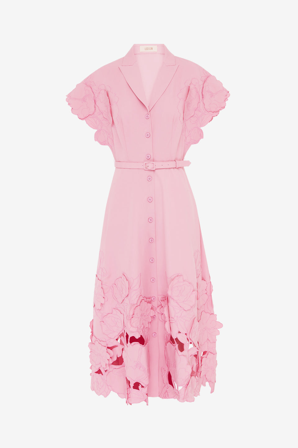 Exclusive Leo Lin Aubrey Appliqué Shirt Midi Dress in Flamingo