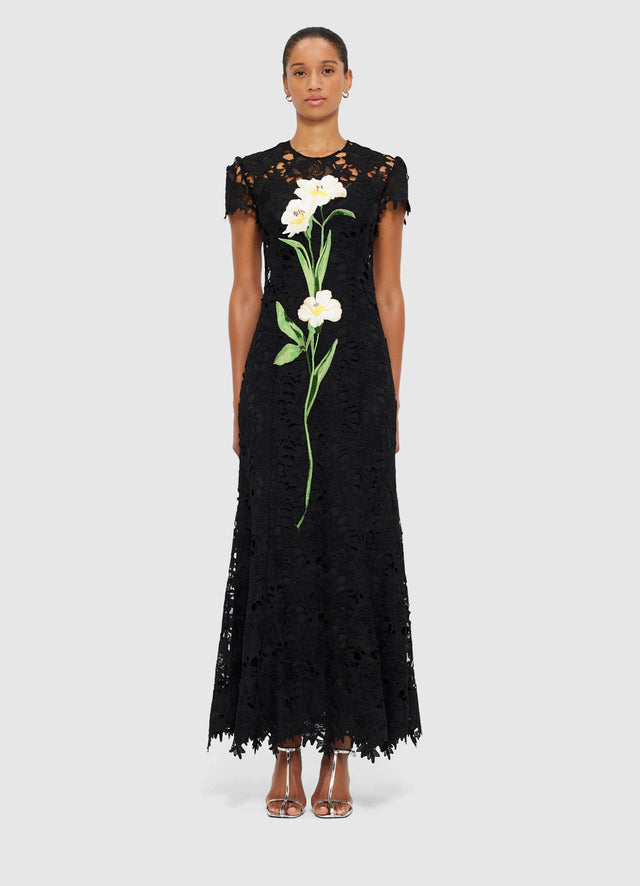 Exclusive Leo Lin Monique Embroidered Lace Maxi Dress in Ebony