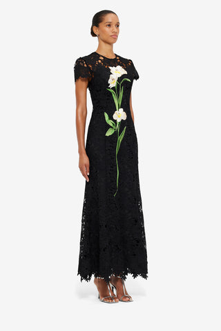 Exclusive Leo Lin Monique Embroidered Lace Maxi Dress in Ebony