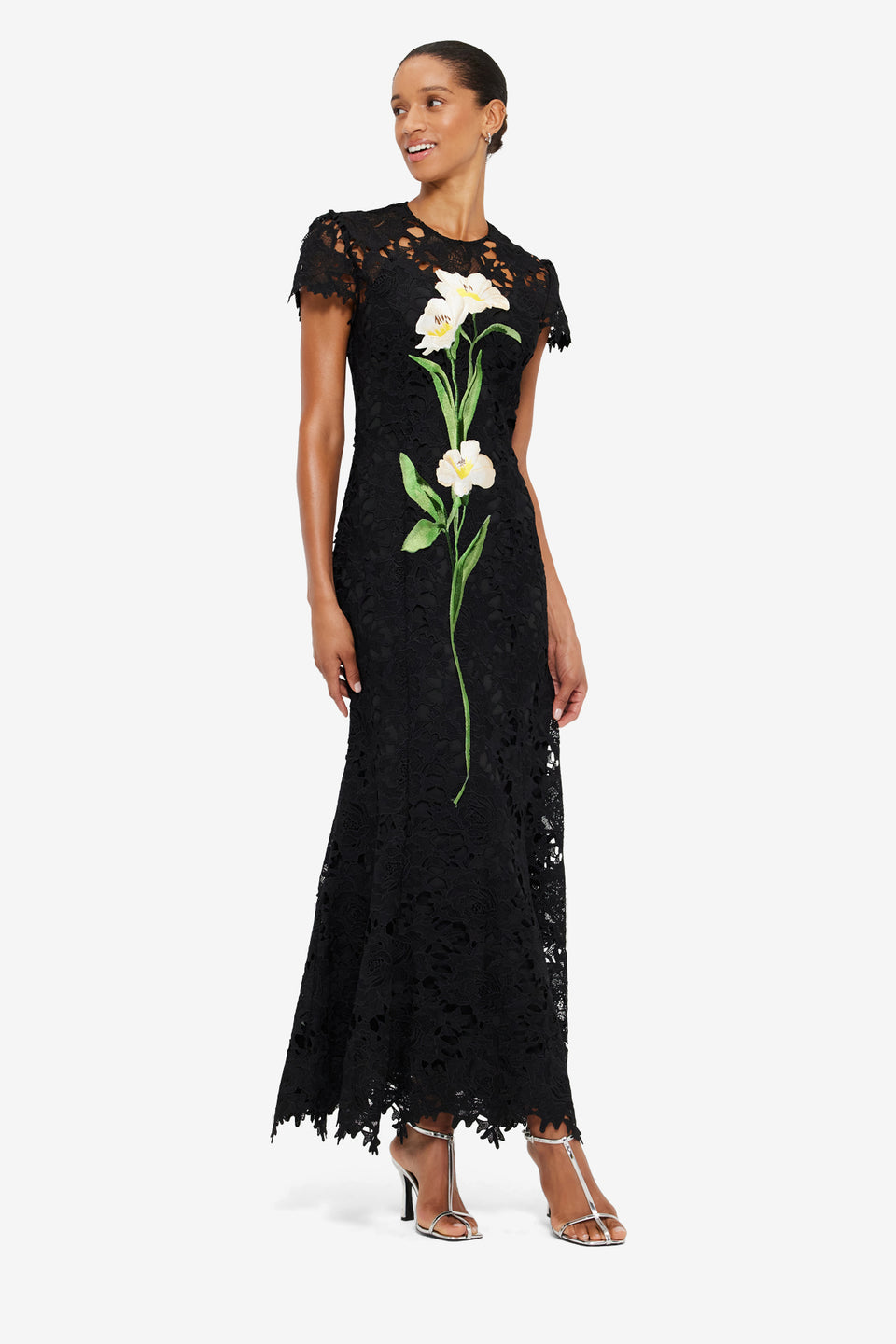 Exclusive Leo Lin Monique Embroidered Lace Maxi Dress in Ebony