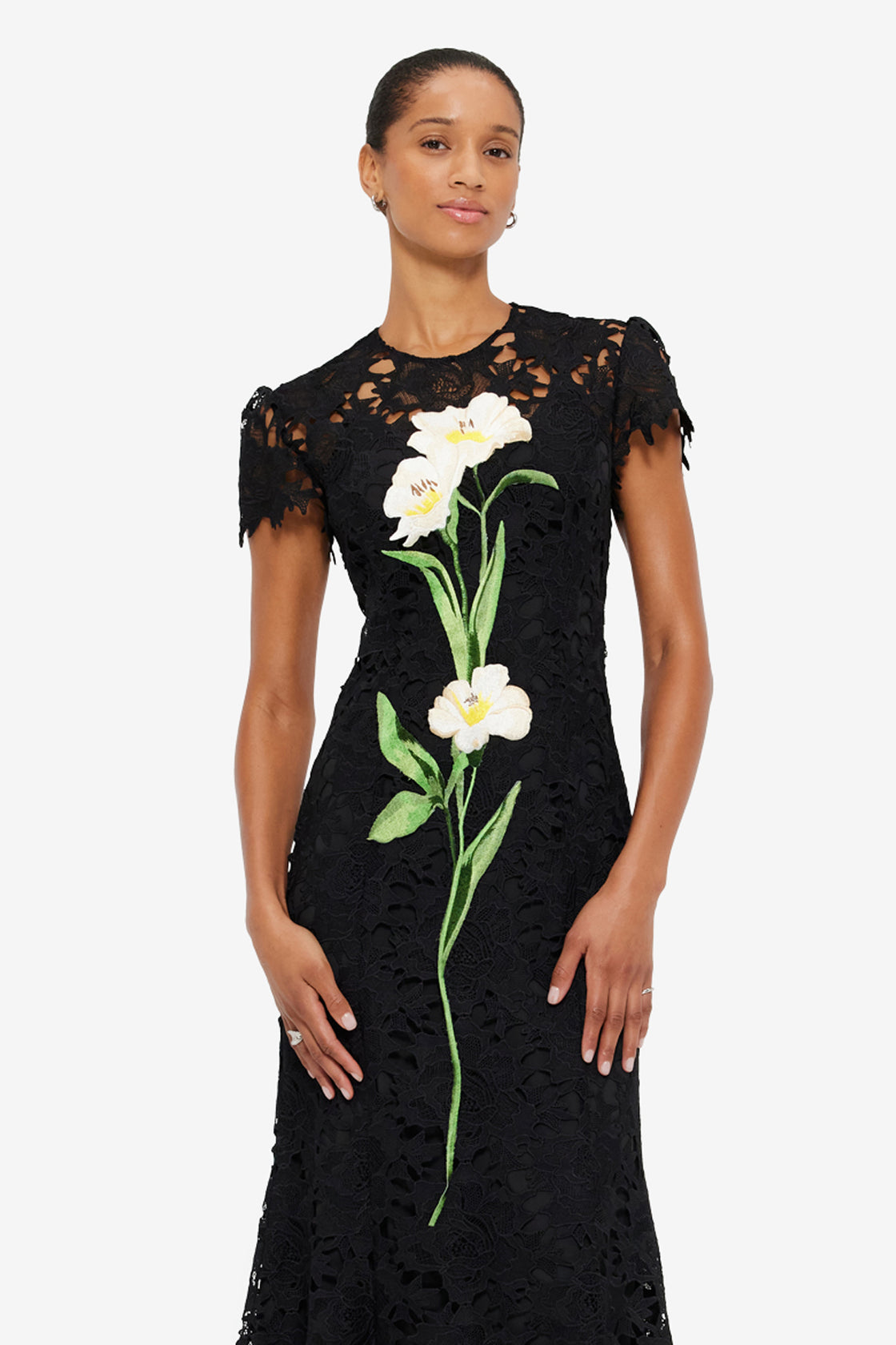 Exclusive Leo Lin Monique Embroidered Lace Maxi Dress in Ebony