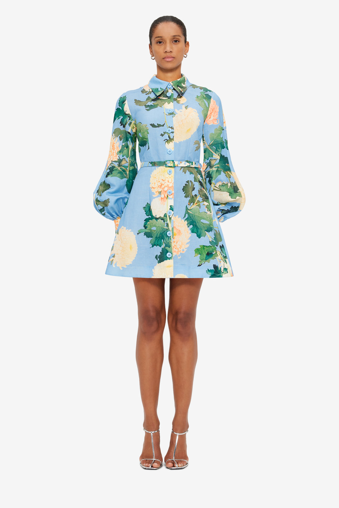 Exclusive Leo Lin Luminous Linen Mini Dress in Hydrangea Print in Cornflower Blue