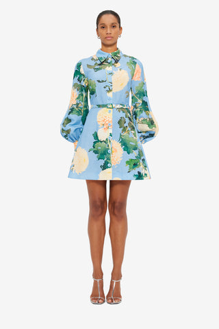 Exclusive Leo Lin Luminous Linen Mini Dress in Hydrangea Print in Cornflower Blue