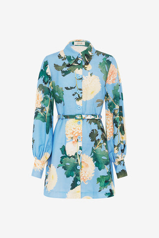 Exclusive Leo Lin Luminous Linen Mini Dress in Hydrangea Print in Cornflower Blue