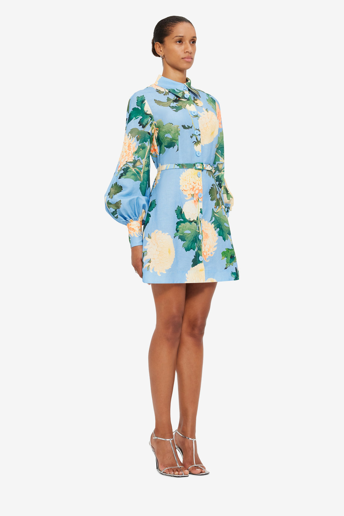 Exclusive Leo Lin Luminous Linen Mini Dress in Hydrangea Print in Cornflower Blue