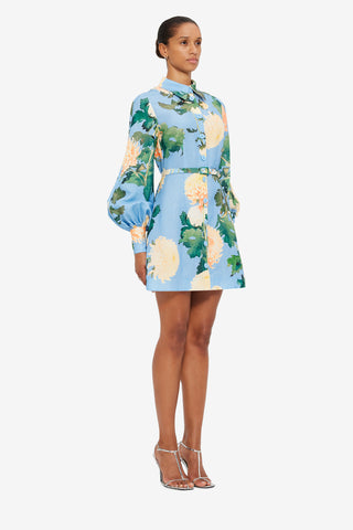 Exclusive Leo Lin Luminous Linen Mini Dress in Hydrangea Print in Cornflower Blue
