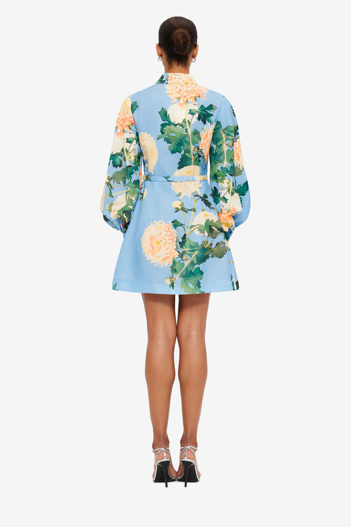 Exclusive Leo Lin Luminous Linen Mini Dress in Hydrangea Print in Cornflower Blue