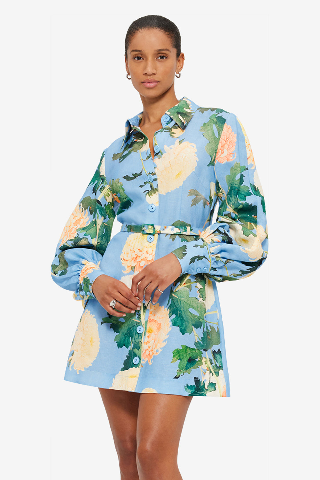 Exclusive Leo Lin Luminous Linen Mini Dress in Hydrangea Print in Cornflower Blue