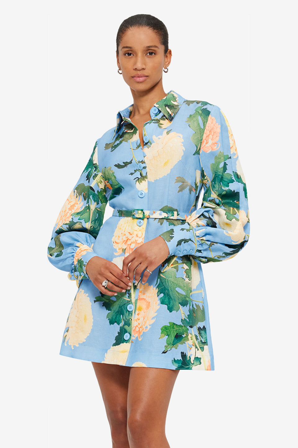 Exclusive Leo Lin Luminous Linen Mini Dress in Hydrangea Print in Cornflower Blue