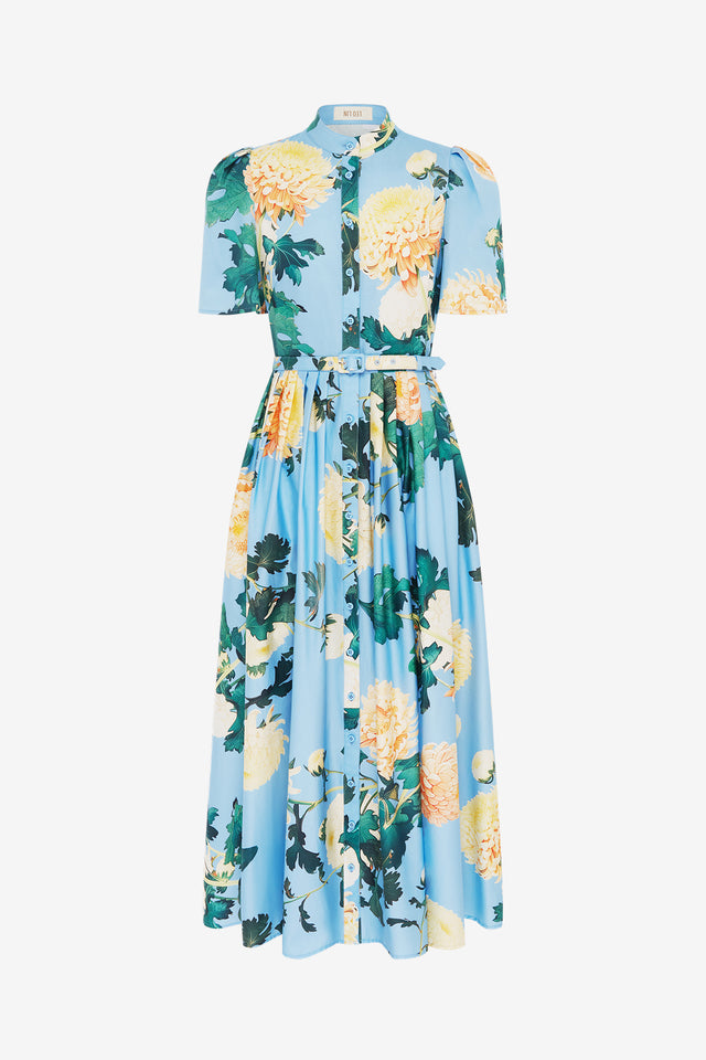 Exclusive Leo Lin Bianca Short Sleeve Midi Dress in Hydrangea in Cornflower Blue