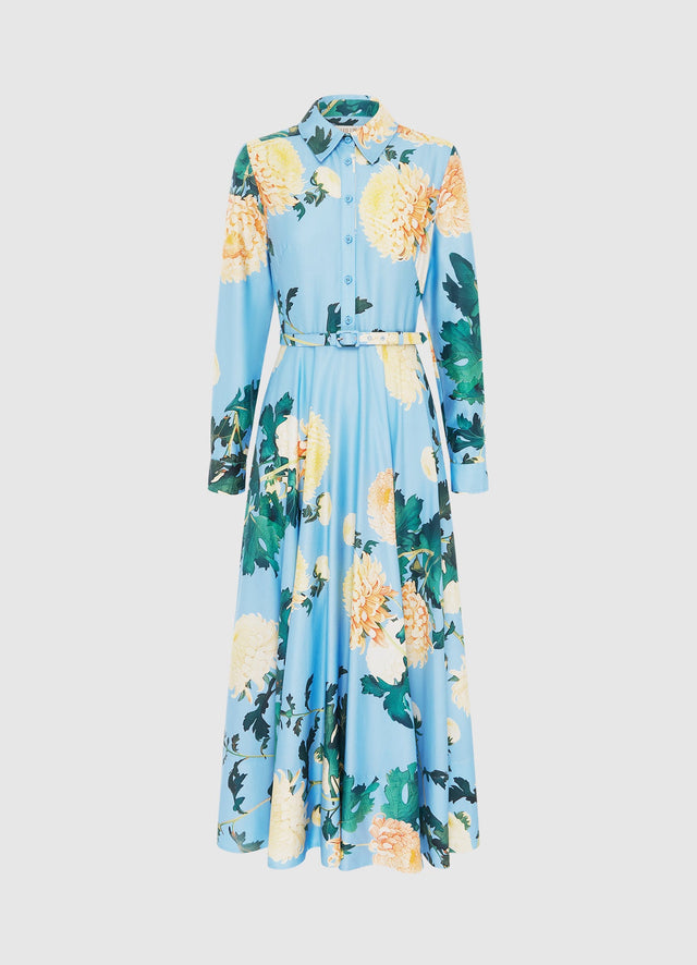 Exclusive Leo Lin Zara Shirt Midi Dress in Hydrangea Print in Cornflower Blue