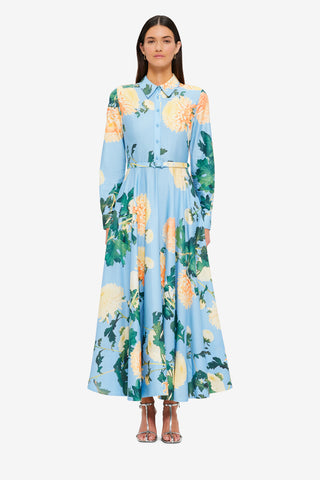 Exclusive Leo Lin Zara Shirt Midi Dress in Hydrangea Print in Cornflower Blue