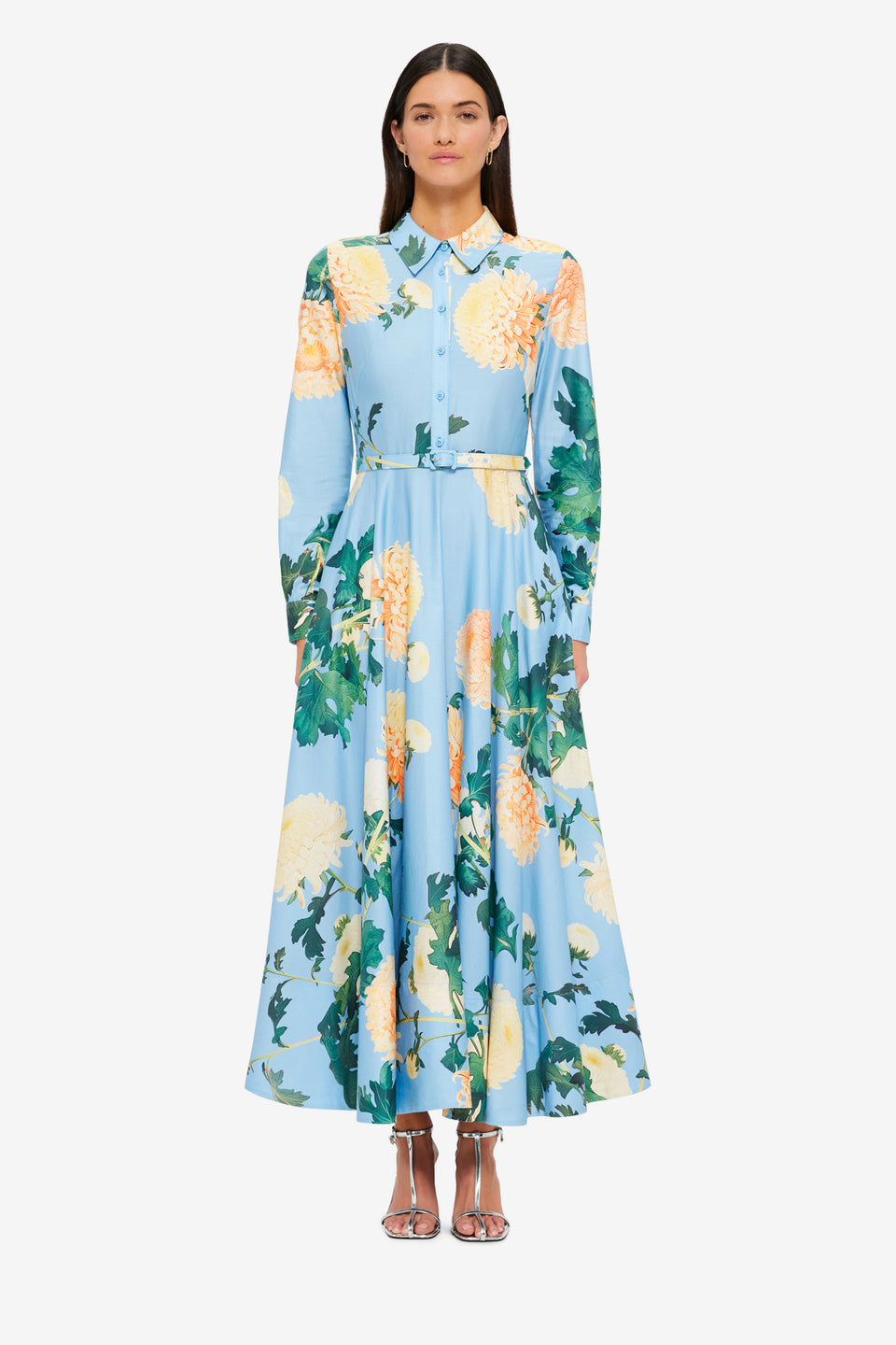 Exclusive Leo Lin Zara Shirt Midi Dress in Hydrangea Print in Cornflower Blue