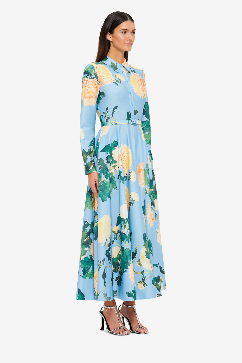 Exclusive Leo Lin Zara Shirt Midi Dress in Hydrangea Print in Cornflower Blue