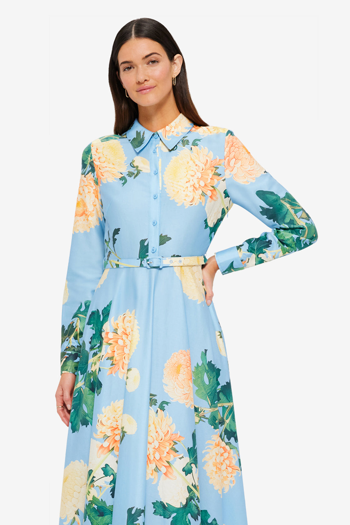 Exclusive Leo Lin Zara Shirt Midi Dress in Hydrangea Print in Cornflower Blue