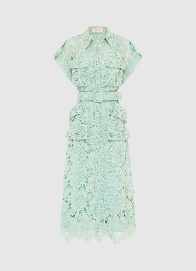 Exclusive Leo Lin Audrey Lace Pocket Shirt Midi Dress in Pistachio