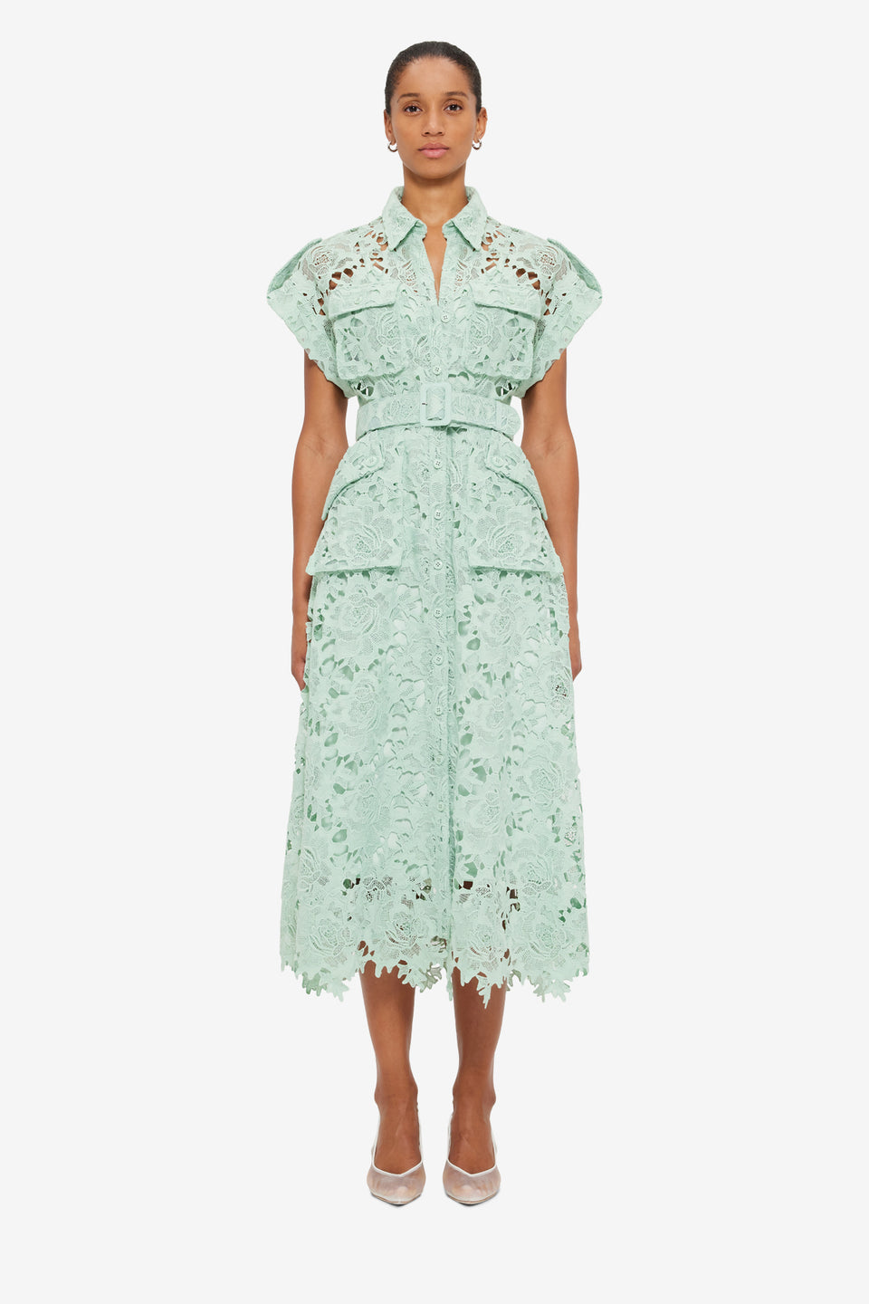 Exclusive Leo Lin Audrey Lace Pocket Shirt Midi Dress in Pistachio