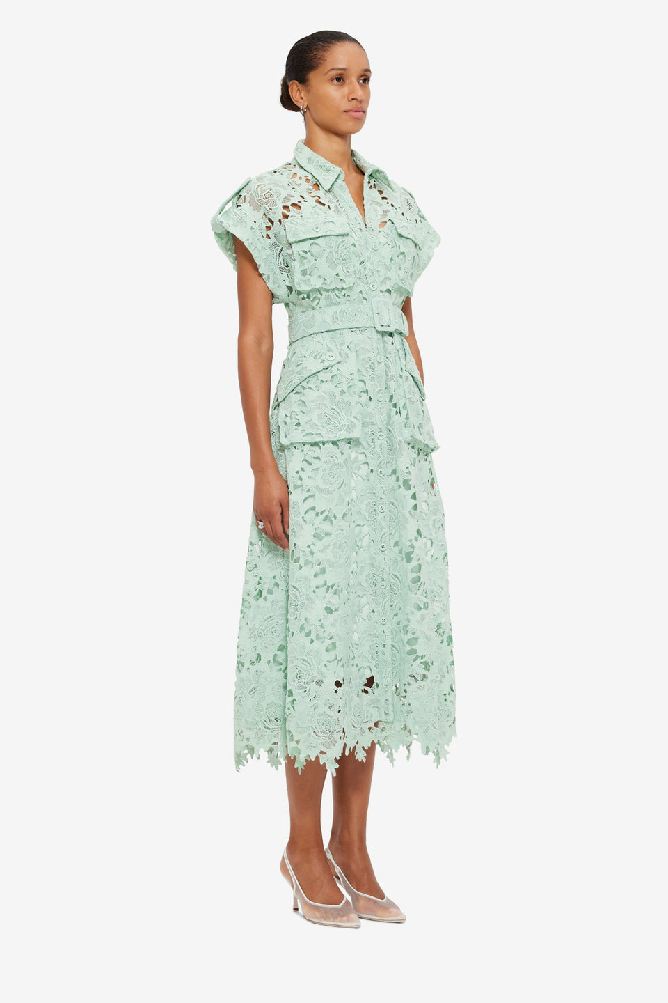 Exclusive Leo Lin Audrey Lace Pocket Shirt Midi Dress in Pistachio