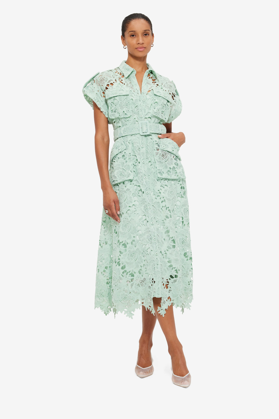 Exclusive Leo Lin Audrey Lace Pocket Shirt Midi Dress in Pistachio