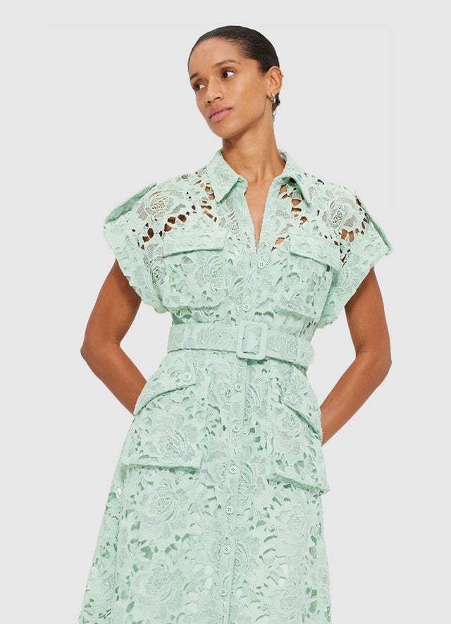 Exclusive Leo Lin Audrey Lace Pocket Shirt Midi Dress in Pistachio