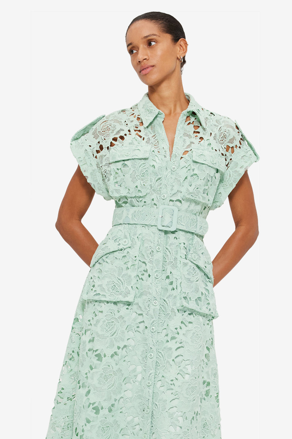Exclusive Leo Lin Audrey Lace Pocket Shirt Midi Dress in Pistachio