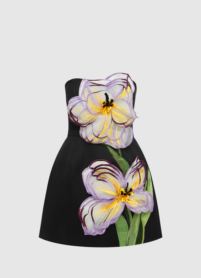 Exclusive Leo Lin Rosalie Appliqué Floral Bustier Mini Dress - Iris Print in Ebony