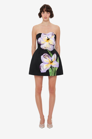 Exclusive Leo Lin Rosario Appliqué Floral Bustier Mini Dress - Iris Print in Ebony