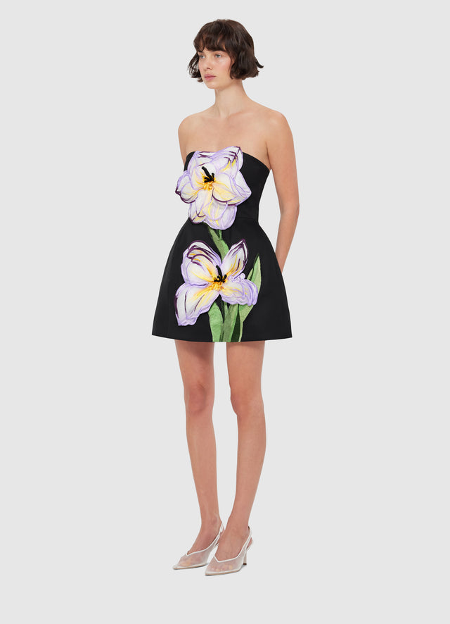 Exclusive Leo Lin Rosalie Appliqué Floral Bustier Mini Dress - Iris Print in Ebony