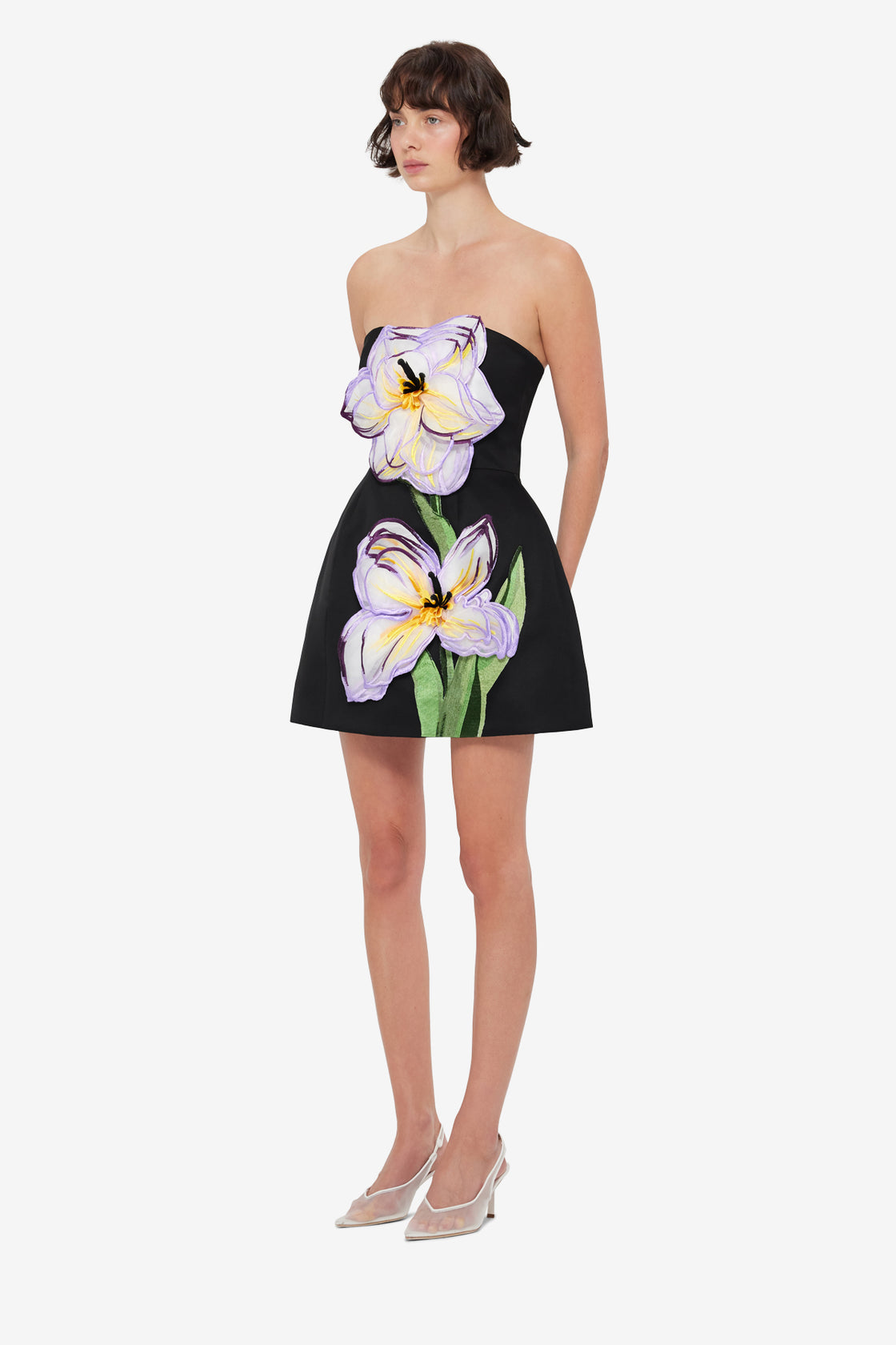 Exclusive Leo Lin Rosario Appliqué Floral Bustier Mini Dress - Iris Print in Ebony