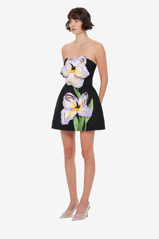 Exclusive Leo Lin Rosario Appliqué Floral Bustier Mini Dress - Iris Print in Ebony
