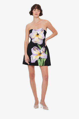 Exclusive Leo Lin Rosario Appliqué Floral Bustier Mini Dress - Iris Print in Ebony