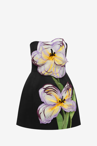 Exclusive Leo Lin Rosario Appliqué Floral Bustier Mini Dress - Iris Print in Ebony