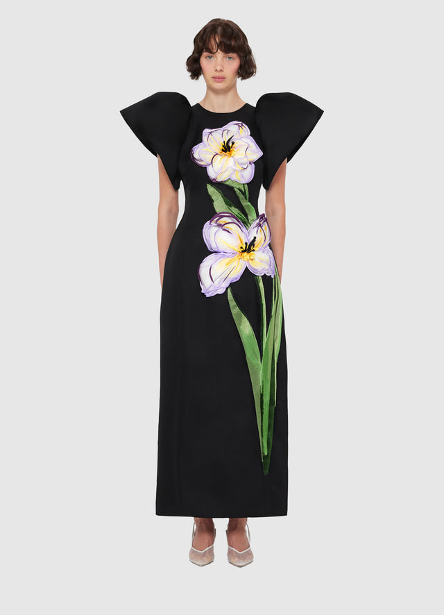 Exclusive Leo Lin Lucinda Appliqué Floral Maxi Dress - Iris Print in Ebony