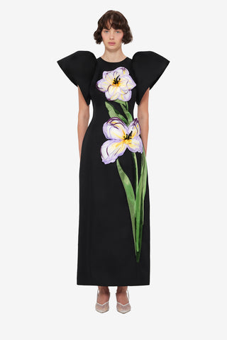 Exclusive Leo Lin Lucinda Appliqué Floral Maxi Dress - Iris Print in Ebony