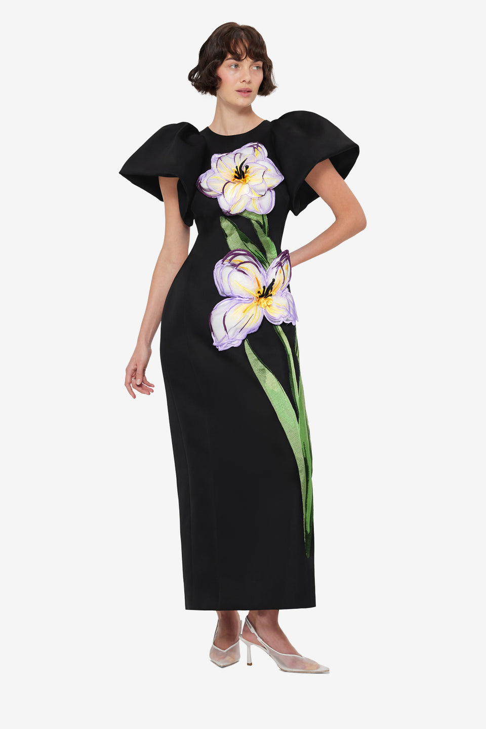 Exclusive Leo Lin Lucinda Appliqué Floral Maxi Dress - Iris Print in Ebony