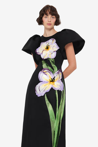 Exclusive Leo Lin Lucinda Appliqué Floral Maxi Dress - Iris Print in Ebony