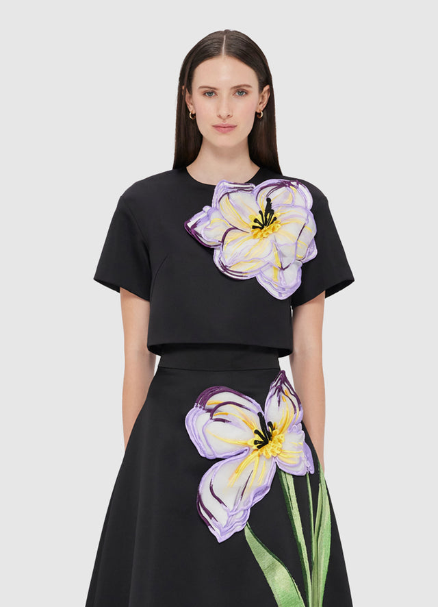 Exclusive Leo Lin Indie Appliqué Sleeve Top - Iris Print in Ebony