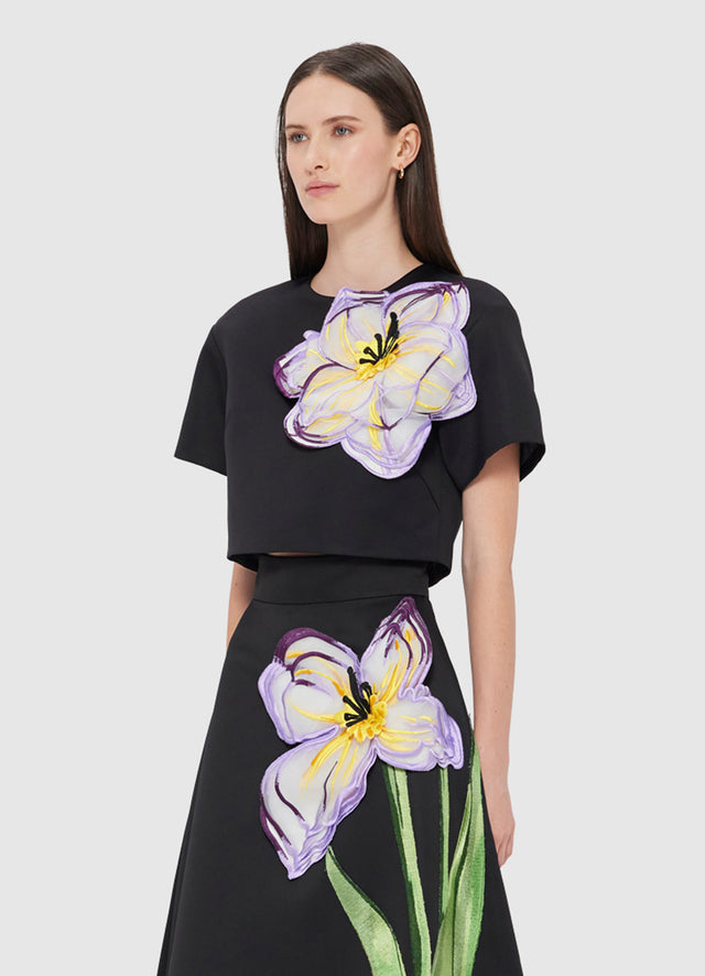 Exclusive Leo Lin Indie Appliqué Sleeve Top - Iris Print in Ebony