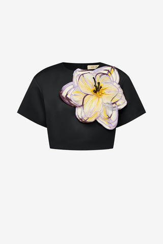 Exclusive Leo Lin Indie Appliqué Sleeve Top in Iris Print in Ebony