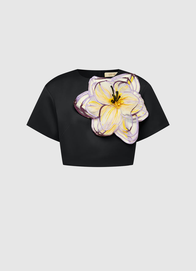 Exclusive Leo Lin Indie Appliqué Sleeve Top - Iris Print in Ebony