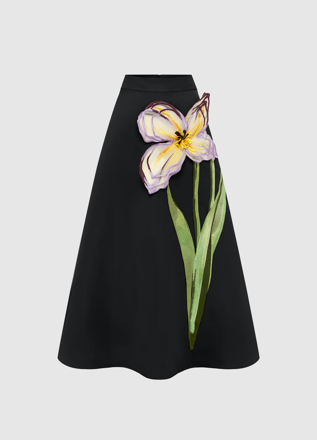 Exclusive Leo Lin Rafaela Appliqué Floral Maxi Skirt - Iris Print in Ebony