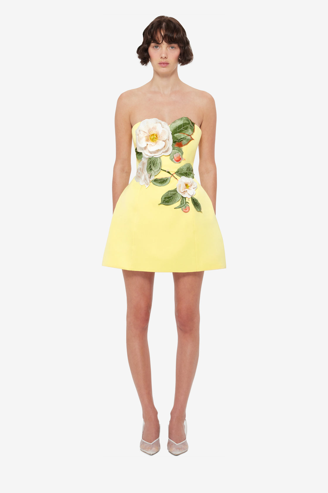 Exclusive Leo Lin Rosario Appliqué Floral Bustier Mini Dress in Sorbet Yellow