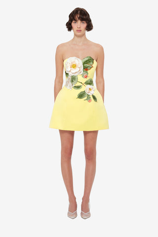 Exclusive Leo Lin Rosario Appliqué Floral Bustier Mini Dress in Sorbet Yellow