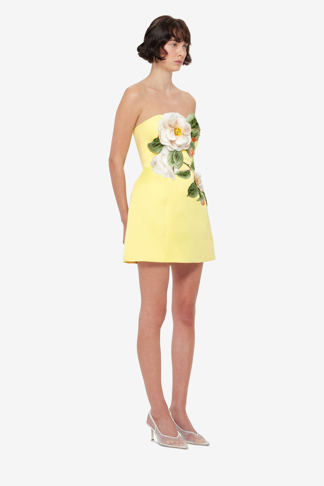 Exclusive Leo Lin Rosario Appliqué Floral Bustier Mini Dress in Sorbet Yellow