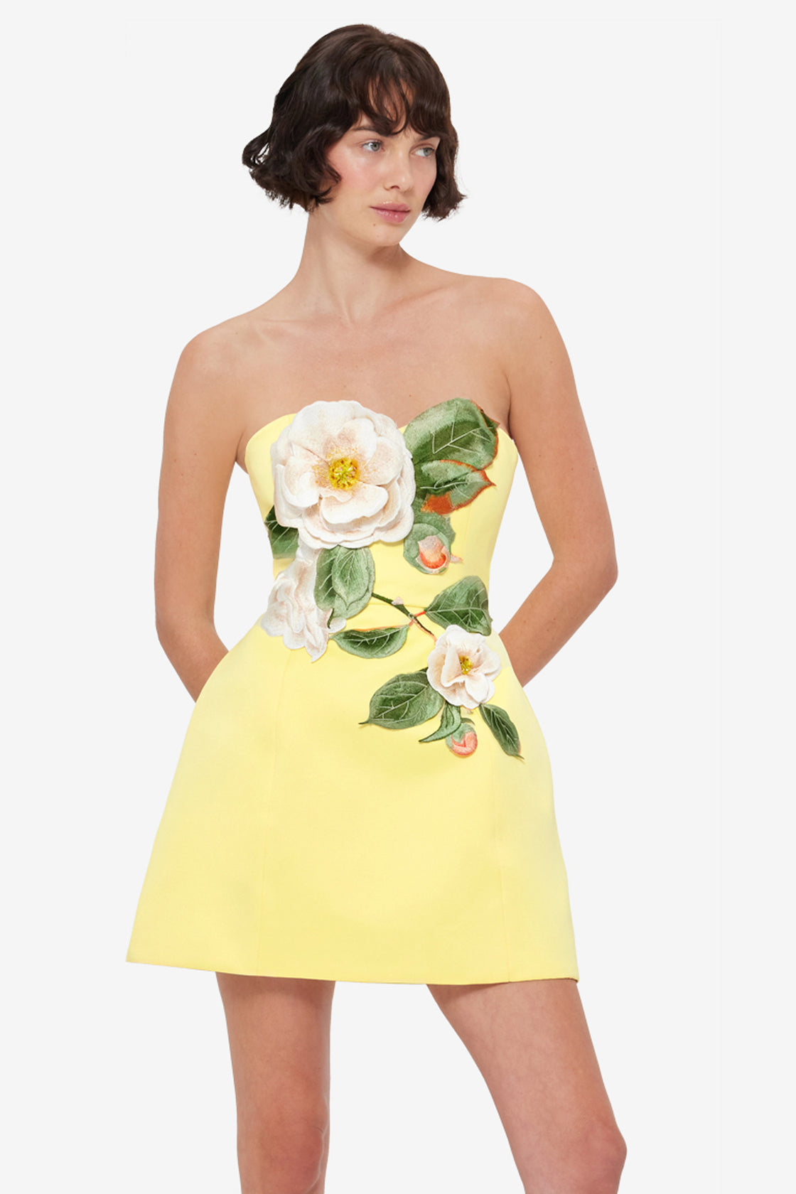 Exclusive Leo Lin Rosario Appliqué Floral Bustier Mini Dress in Sorbet Yellow
