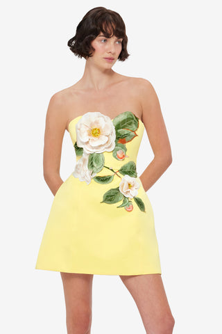 Exclusive Leo Lin Rosario Appliqué Floral Bustier Mini Dress in Sorbet Yellow