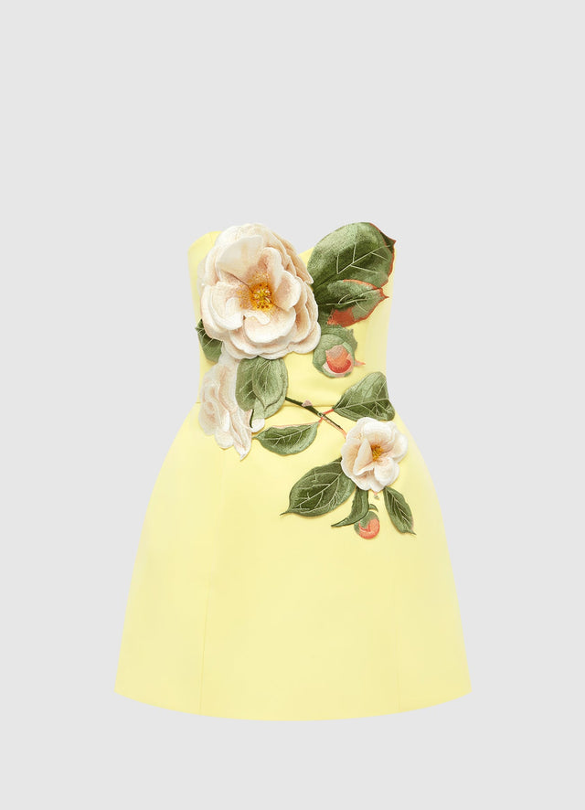 Exclusive Leo Lin Rosario Appliqué Floral Bustier Mini Dress in Sorbet Yellow